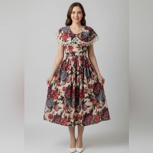 Vintage Floral Midi Dress with Lace Accents Sz 5